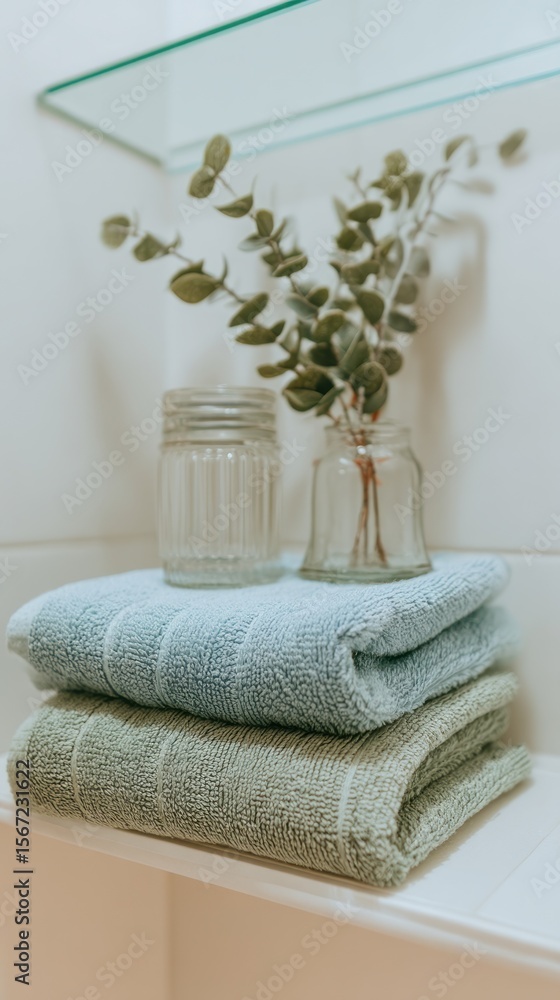 A stack of towels with glass jars and eucalyptus branches on a shelf in a bright bathroom setting A stack of towels with glass jars and eucalyptus branches on a shelf in a bright bathroom setting