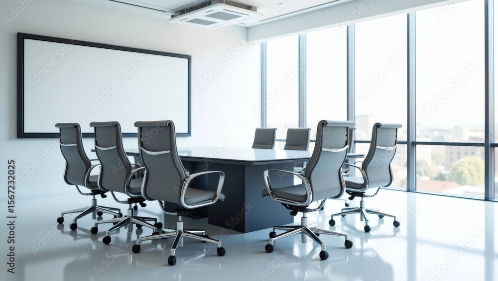 a modern conference room with a large table and chairs. The room has large windows that offer an abundance of natural light and a projection screen a modern conference room with a large table and chairs. The room has large windows that offer an abundance of natural light and a projection screen