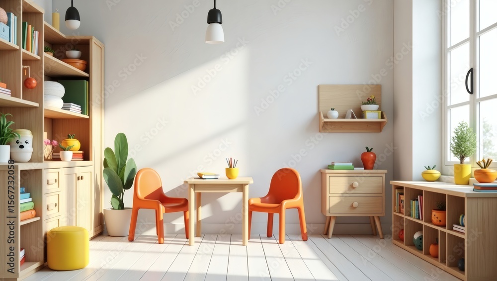 Fototapeta premium Cozy and inviting, this interior scene features a bright and airy room with a minimalist design, a table and chairs, and shelves filled with various items