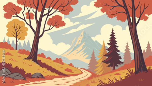 Autumn Forest Leading to Mountain Peak - Seasonal Landscape Vector