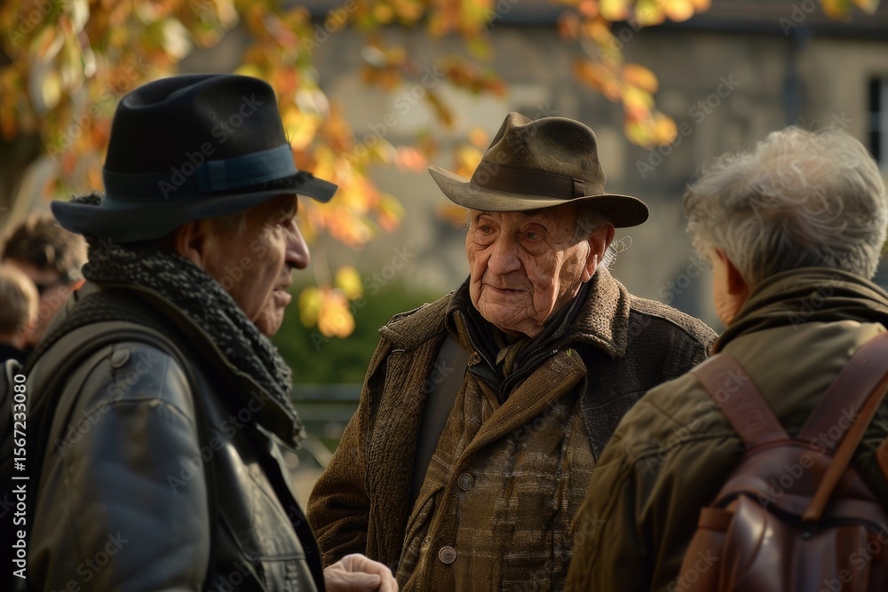 Two senior men walking in the street at fall time, looking at each other Two senior men walking in the street at fall time, looking at each other