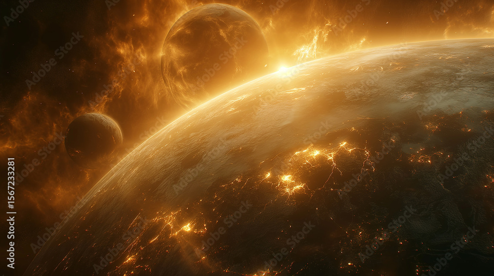 Obraz premium Burning Planet Surface Illuminated by Fiery Suns with Orbiting Moons in Deep Space Scene for Sci-Fi Use