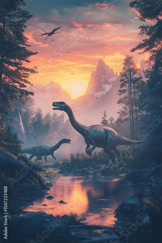 Fototapeta Naklejka Na Ścianę i Meble -  Dinosaurs at Sunset A Prehistoric Landscape