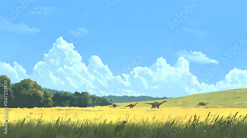 Fototapeta Naklejka Na Ścianę i Meble -  Dinosaurs Roaming a Lush Prehistoric Landscape