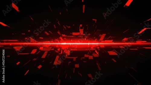 Mesmerizing red laser beam with digital fragment explosion and energetic visual effects show,