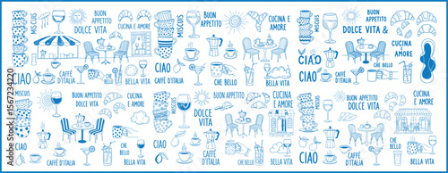  illustration Blue and white italian themed pattern featuring food drinks and italian phrases in line art icon