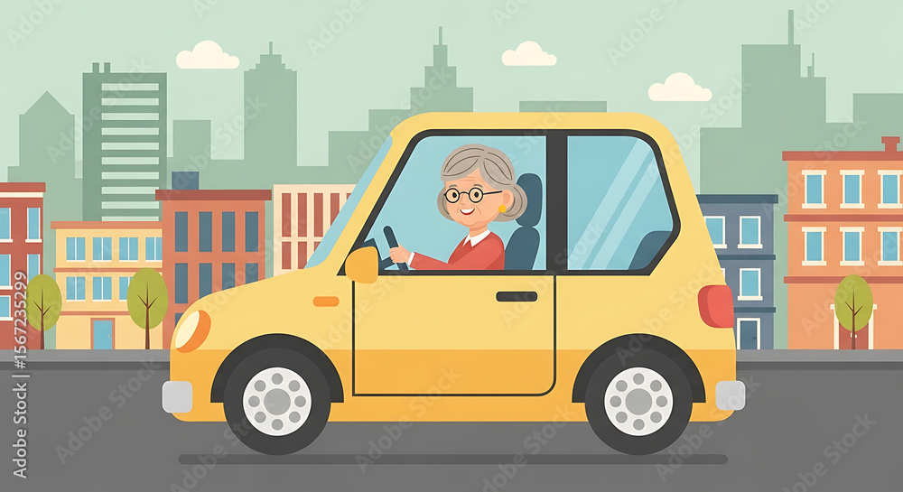 Elderly woman happily driving a yellow car through a city. Elderly woman happily driving a yellow car through a city.