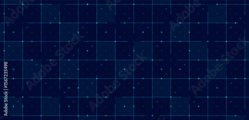 Futuristic tech grid with blue digital mesh. Abstract HUD interface features wireframe pattern, crosslines and virtual data. Sci fi vector template with cyber UI elements and modern infographic style