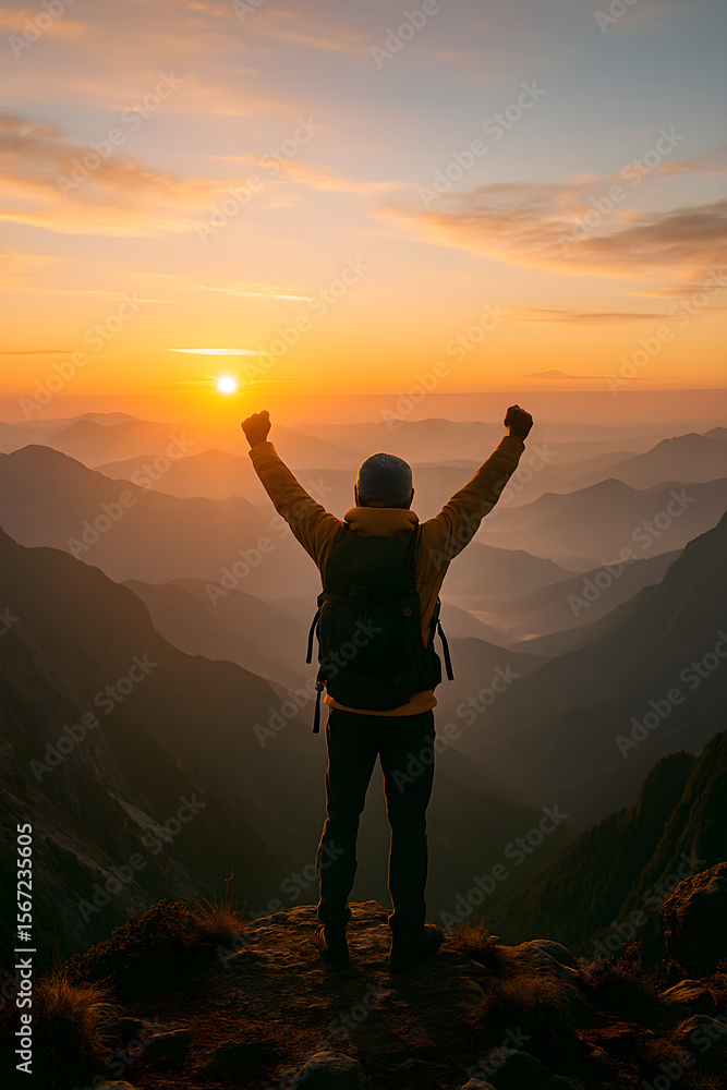 Fototapeta premium Hiker Celebrating at Mountain Summit Sunrise