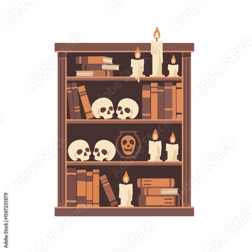 Bookshelf with skulls and candles for Halloween decoration  
