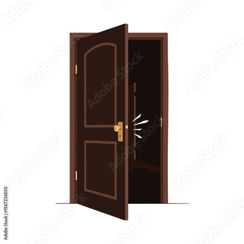 Open wooden door with interior light shining through at night  