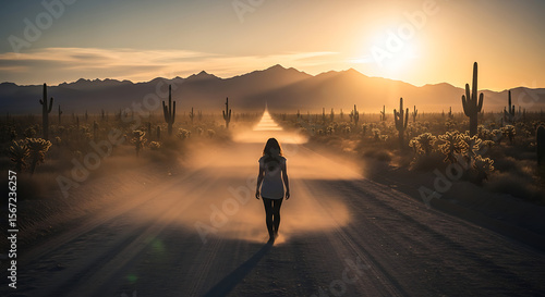 A woman walks down a dusty desert road towards the setting sun, with cacti lining the path and mountains in the distance.