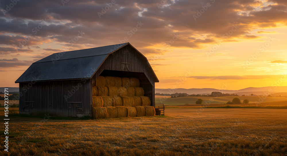 Obraz premium Cozy barn under glowing sunset