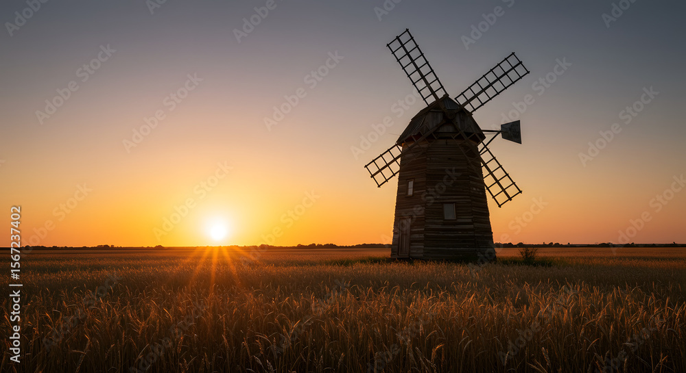 Rustic windmill in golden field Rustic windmill in golden field