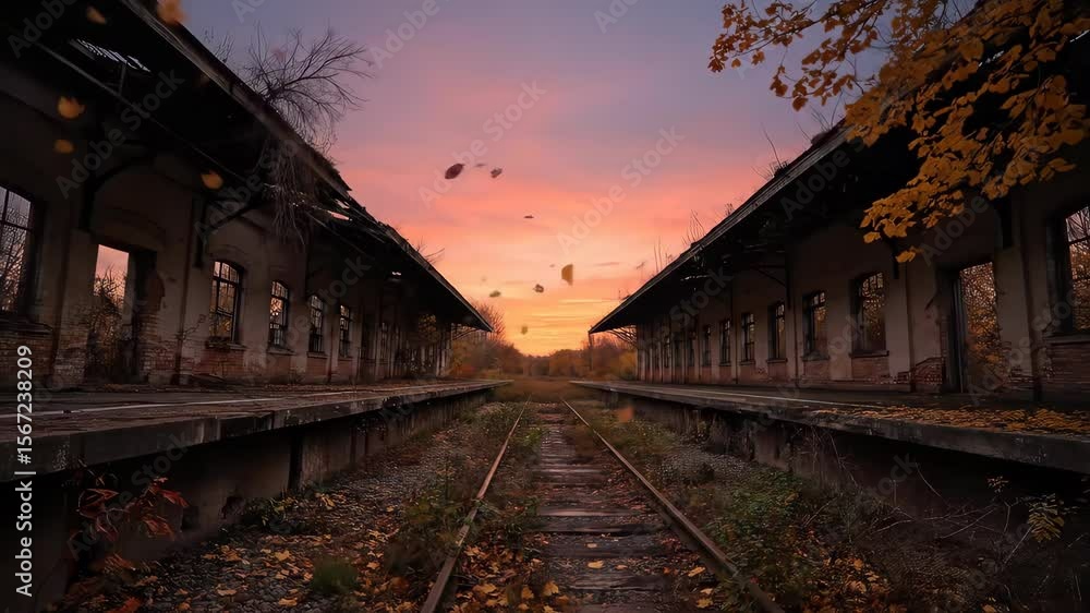 Falling Autumn Leaves Drifting Over Abandoned Train Station at Sunset Cinematic Wide Shot Falling Autumn Leaves Drifting Over Abandoned Train Station at Sunset Cinematic Wide Shot