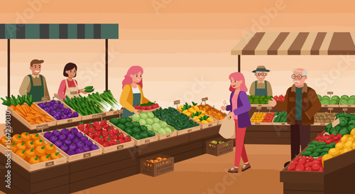 Fresh Harvest Market: Shoppers browse a vibrant outdoor farmer's market filled with fresh produce, fostering a sense of community and the enjoyment of healthy, farm-fresh foods.