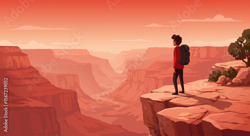 Adventurer on the Precipice: A lone traveler stands in awe, gazing upon the grandeur of a vast canyon landscape, evoking a sense of adventure and the immensity of nature.
