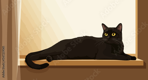 Mystic Black Cat on Window Sill: A sleek black cat lounges serenely on a windowsill, bathed in warm sunlight, its bright eyes surveying its domain with an air of quiet contemplation.