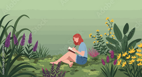 Woman in Nature: A serene scene unfolds as a woman sits amidst vibrant flowers and lush plants, absorbed in the act of writing in her notebook under the open sky.