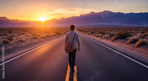 A man walks away on a long road towards a sunset and distant mountains, carrying a bag.