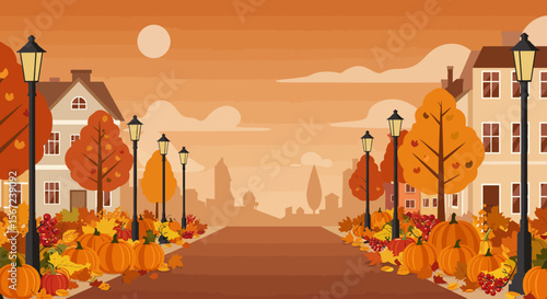 Autumnal Street Scene: A picturesque street in the heart of autumn, featuring charming houses, towering trees adorned with vibrant fall foliage, illuminated by vintage streetlights.