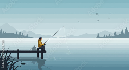 Serene Angler by the Lake: A lone fisherman casts his line from a wooden pier, enjoying a peaceful moment of solitude amidst a misty landscape and a tranquil lake.