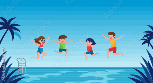 Joyful Jump: A vibrant scene of four friends leaping with glee into a refreshing pool. Capturing summer fun and friendship.