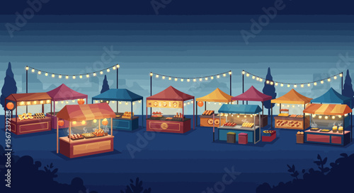 Night Market Festivities: A vibrant night market scene, showcasing illuminated food stalls under a starry sky, buzzing with a sense of community and culinary delights.