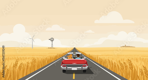 Open Road Adventure: A classic red convertible cruises down an endless highway, the open road stretching towards the horizon under a vast, sun-kissed sky. A promise of freedom and adventure.