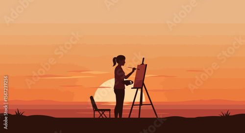 Sunset Painting Silhouette: A lone artist paints at an easel against a vibrant sunset backdrop, creating a beautiful silhouette against the warm sky.