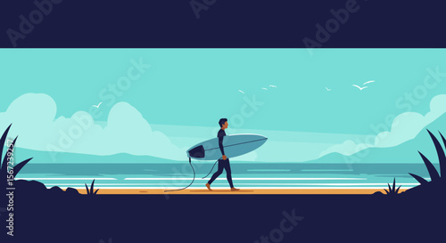 The Surfer's Stroll: A lone surfer in a wetsuit strides along a sandy shore carrying board in hand, heading toward the blue ocean under bright skies.