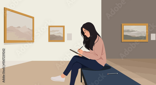 Artistic Inspiration: A young woman finds inspiration within the hushed halls of an art gallery, capturing the essence of a painting with her stylus on a digital tablet.