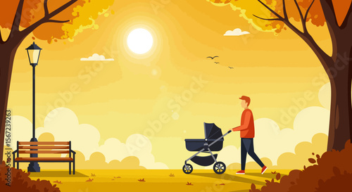 Autumn Stroll in the Park: A lone individual leisurely pushes a baby stroller through a picturesque park on a radiant autumnal day, surrounded by the warm hues of fall. 