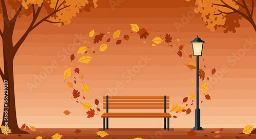 Autumn Serenity: A tranquil autumn scene with a park bench, a lantern, and swirling leaves creating a sense of peace and the beauty of nature.