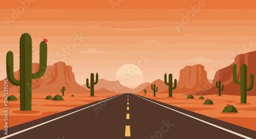 Desert Road to Horizon: An illustrative vista of a solitary road leading toward a setting sun. Cactus plants flank the pathway, under a wide and cloudless sky in a sun-drenched desert scene.