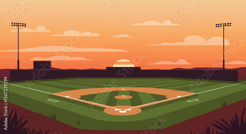 Baseball Field at Dusk: A captivating illustration of a baseball field at dusk, bathed in the warm hues of the setting sun, evoking the anticipation of the game.