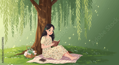 Girl Reading Under Willow Tree: A young woman sits peacefully under a weeping willow tree, engrossed in a book. Sunlight filters through the leaves, creating a serene and idyllic scene.