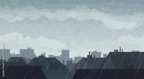 Rainy Urban Silhouette: An artistic rendition of a city skyline shrouded in a heavy downpour, creating a moody atmosphere.