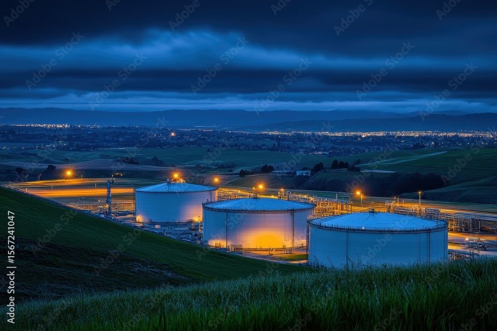 Fototapeta premium Serene Night at a Gas Facility with Soft Lighting