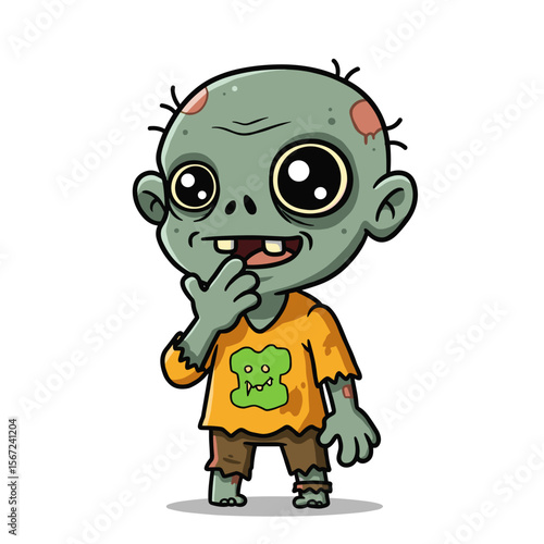 Cute green zombie wearing a monster-print orange shirt, touching its chin thoughtfully.