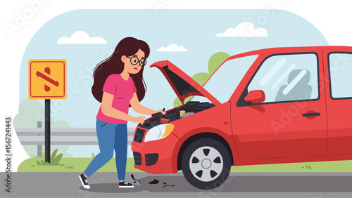 Woman Inspecting Broken Down Car on Roadside