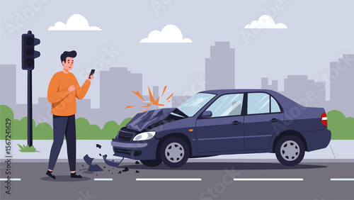 Distracted Pedestrian Witnessing Car Accident on City Street