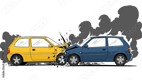 Cartoon Illustration of a Car Crash, Collision, Accident