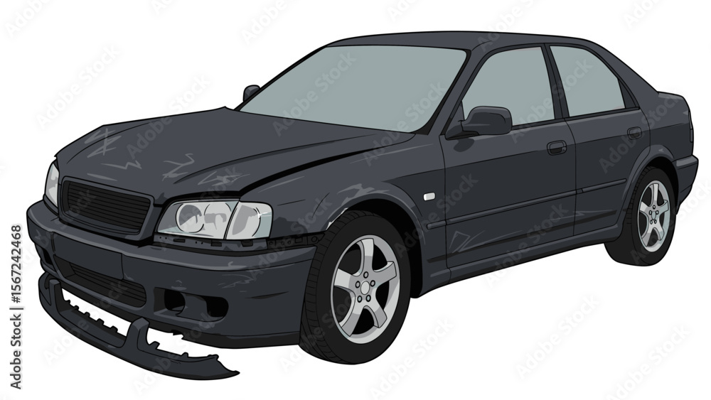Fototapeta premium Damaged Dark Gray Sedan, Front View Illustration