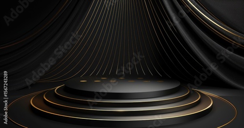 A minimalist stage design with black curtains and golden accents, ideal for presentations.