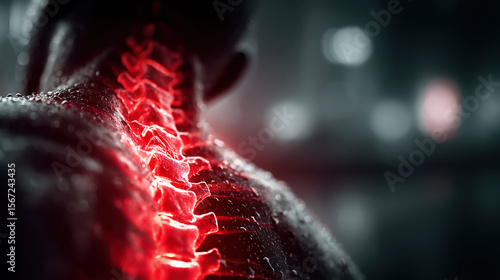 Close-Up View of Human Spine with Vibrant Red Light Effect Illustrating the Spinal Anatomy and Nerve Pathways for Medical Concepts and Health Awareness