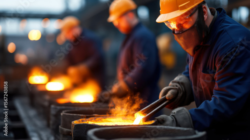 Skilled workers handling molten metal in foundry with safety equipment during industrial casting process at manufacturing facility