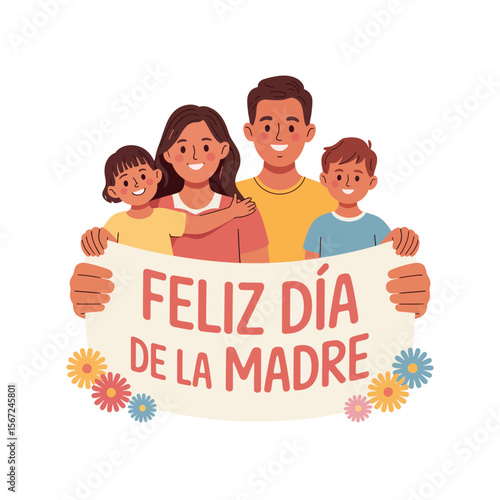 Happy family with Feliz Día de la Madre banner suitable for Mothers Day greeting cards, social media posts, and familythemed designs.