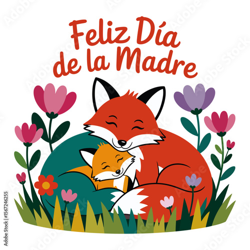 Mother fox embracing kit, surrounded by flowers, with Feliz Día de la Madre text. Suitable for Mothers Day graphics and designs.