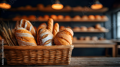 Close-up of a basket filled with assorted French breads baguette, brioche, pain de campagne with blurred rustic bakery shelves behind